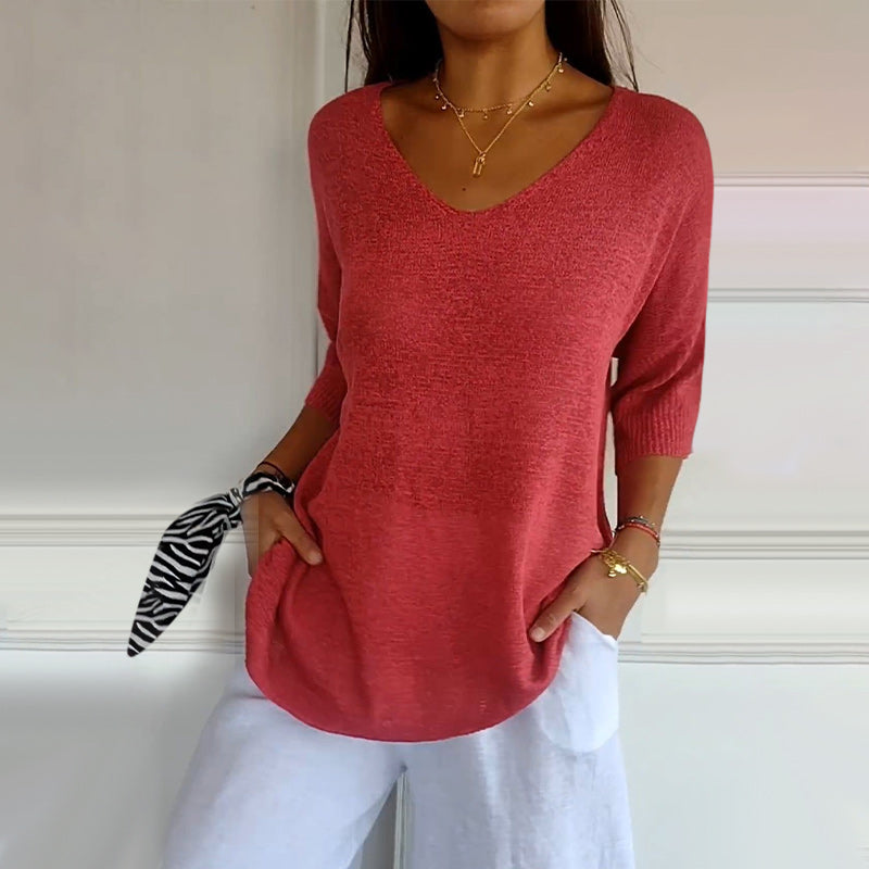 Solid Color Knitted V-neck Top