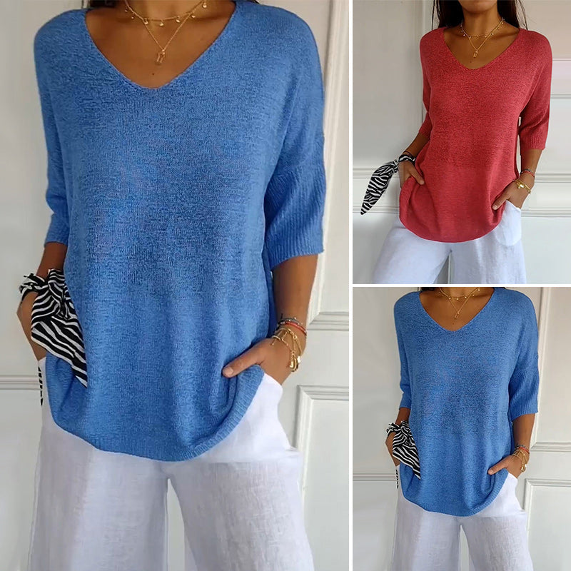 Solid Color Knitted V-neck Top