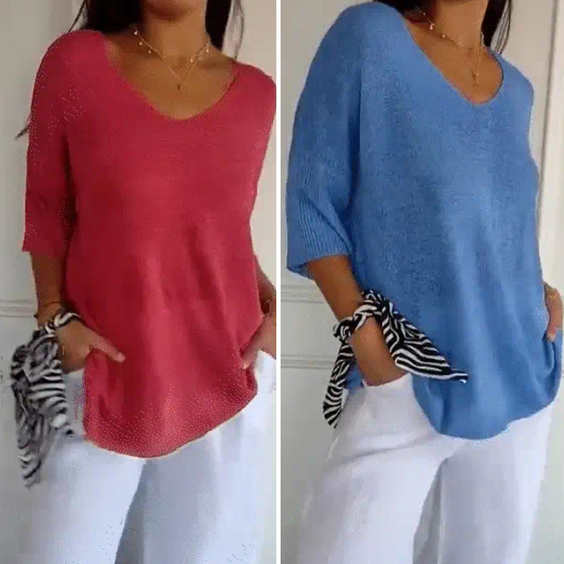 Solid Color Knitted V-neck Top