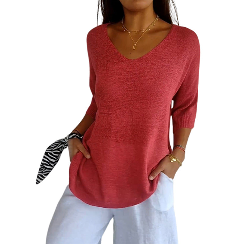 Solid Color Knitted V-neck Top